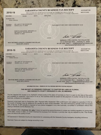 Business License of Nancy's Concierge Services